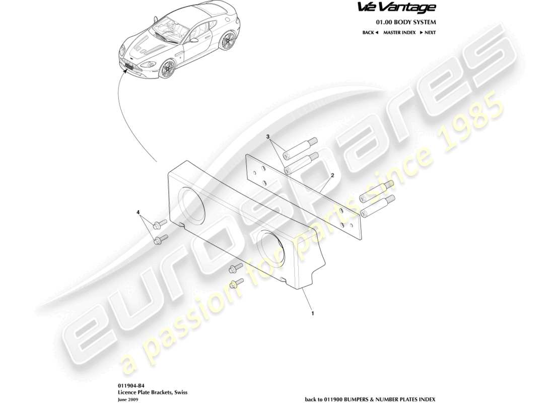 aston martin v12 vantage (2011) staffe per targa, diagramma delle parti svizzere