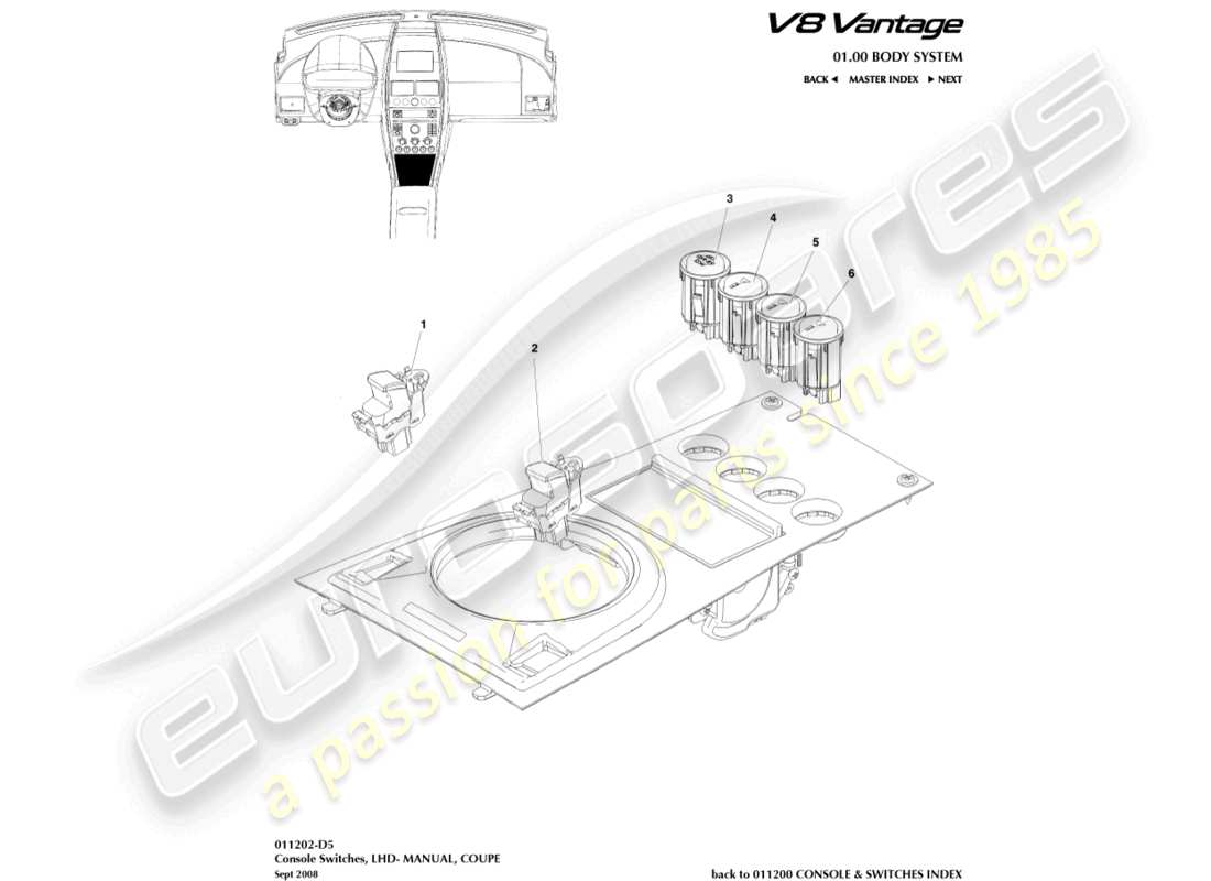 aston martin v8 vantage (2012) interruttori console, coupé, diagramma delle parti con guida a sinistra