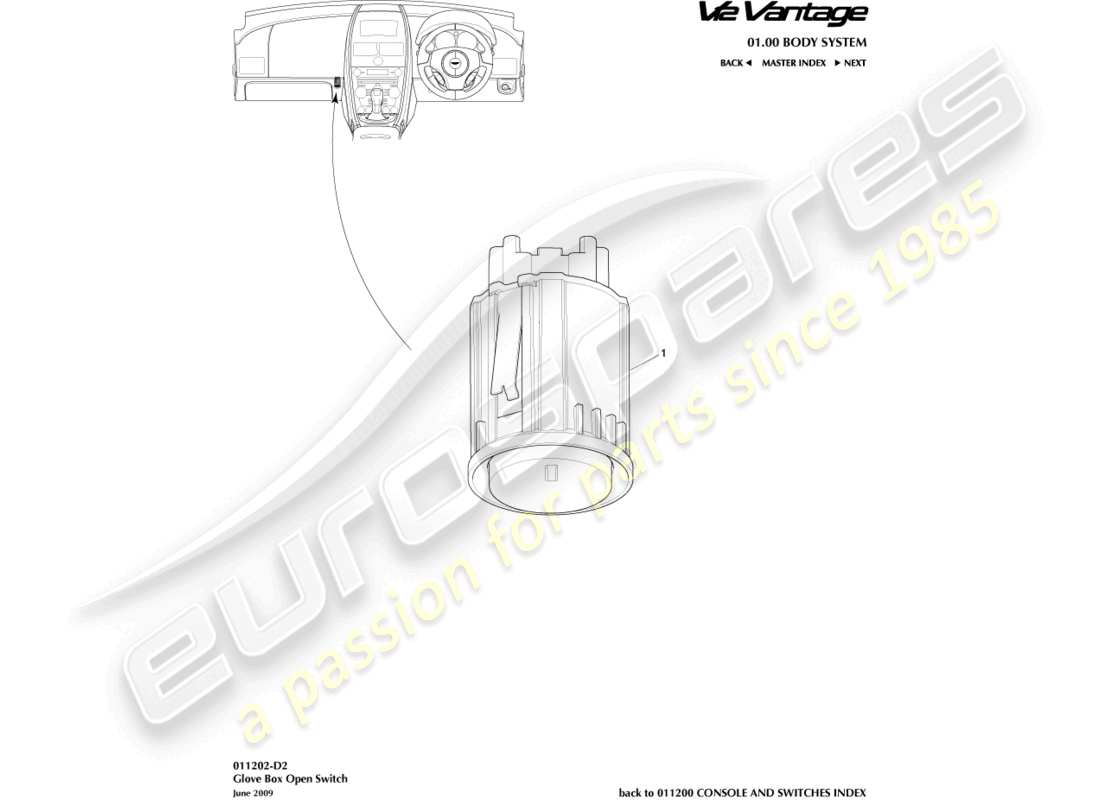aston martin v12 vantage (2013) diagramma delle parti dell'interruttore del vano portaoggetti
