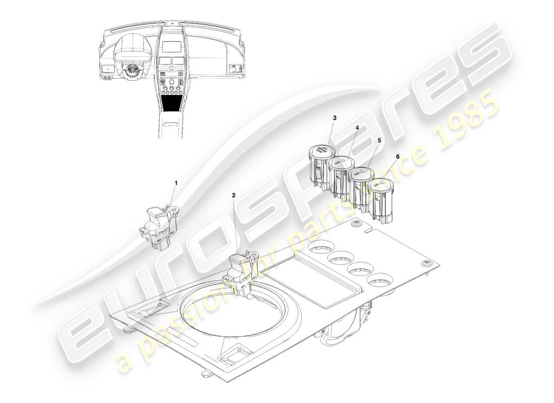 aston martin v8 vantage (2007) interruttori console, coupé, diagramma delle parti con guida a sinistra