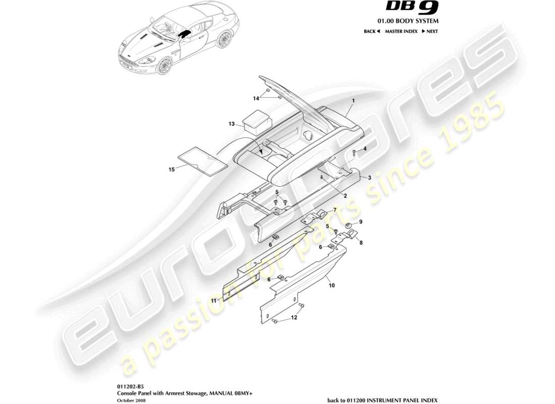 aston martin db9 (2005) console centrale, manuale, diagramma delle parti 08my