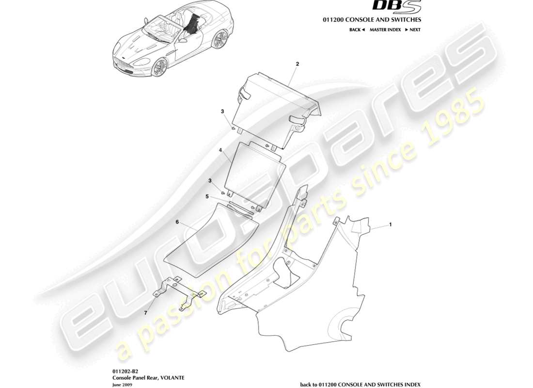 aston martin dbs (2007) rückkonsole, volante teilediagramm