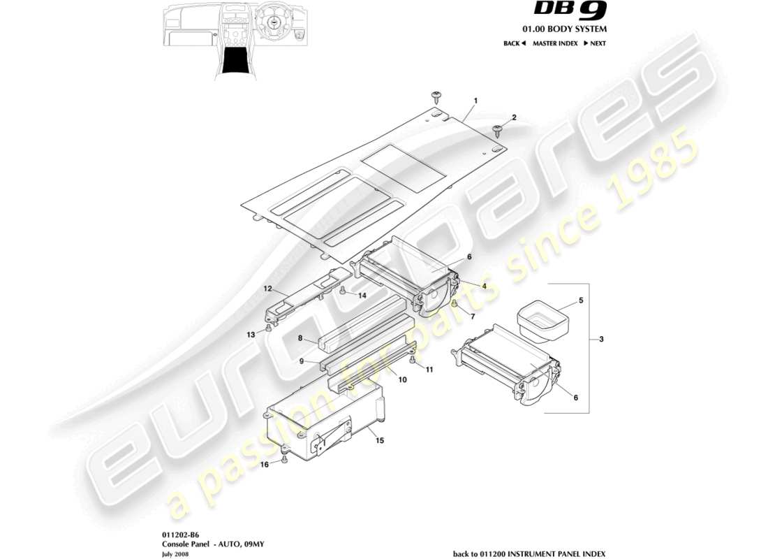 aston martin db9 (2005) console anteriore, automobile, diagramma delle parti 09my