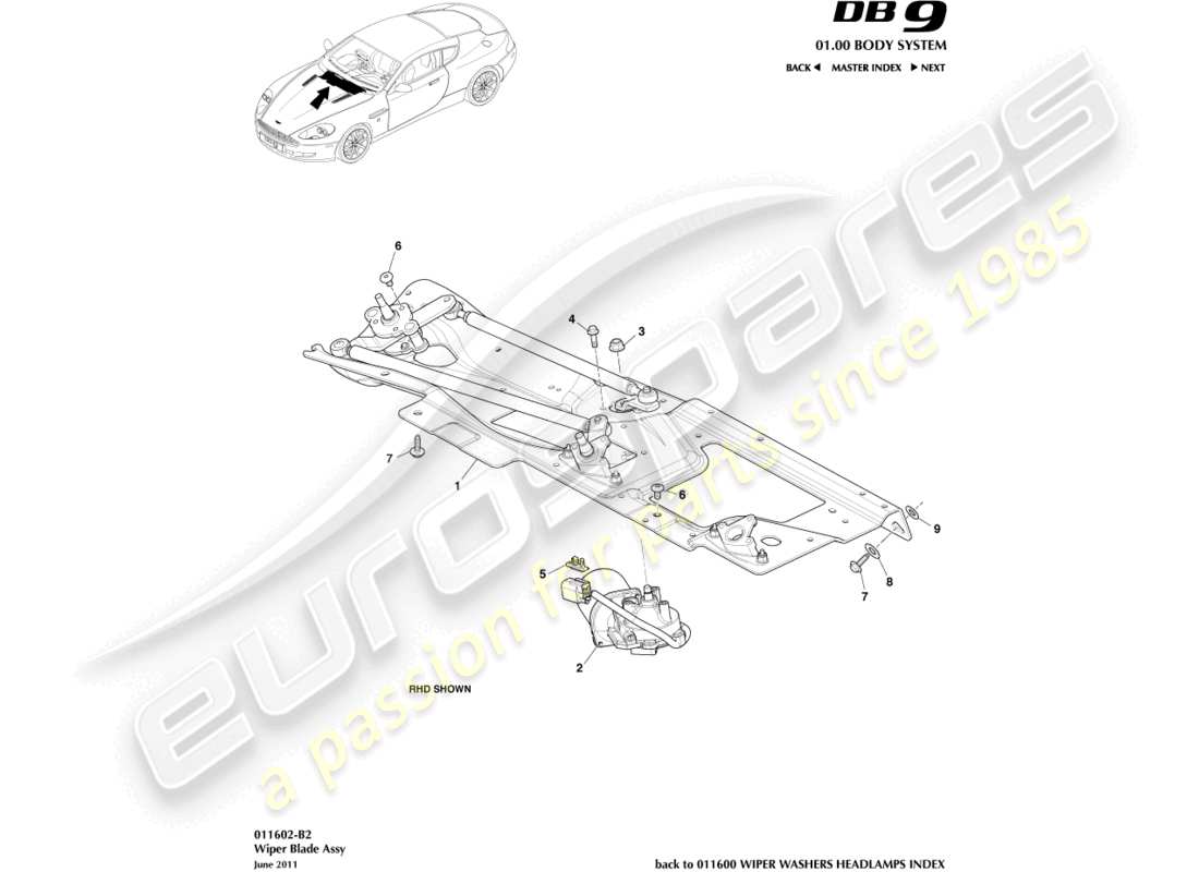 aston martin db9 (2005) diagramma delle parti del gruppo di collegamento del tergicristallo