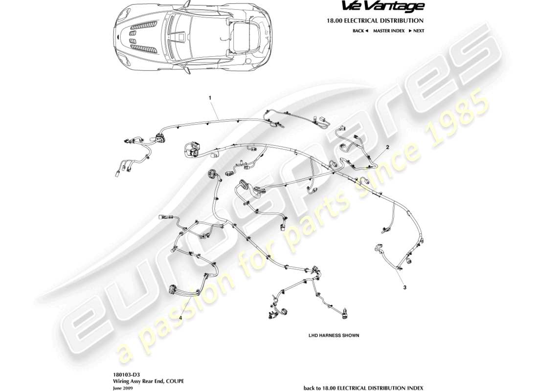 aston martin v12 vantage (2010) cablaggio dell'estremità posteriore, diagramma delle parti della coupé