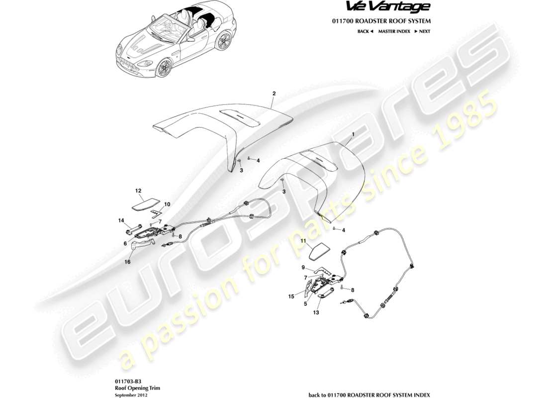 aston martin v12 vantage (2010) diagramma delle parti del rivestimento dell'apertura del tetto