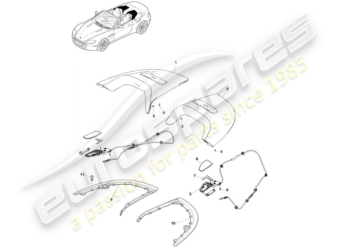 aston martin v8 vantage (2005) diagramma delle parti del rivestimento dell'apertura del tetto
