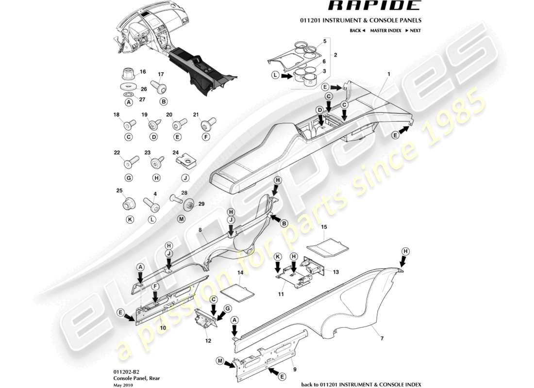 aston martin rapide (2014) console posteriore diagramma delle parti