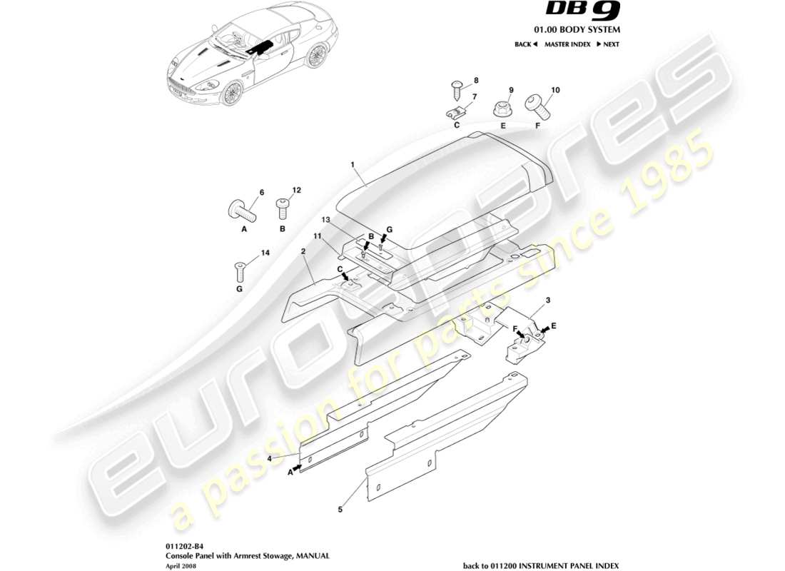 aston martin db9 (2008) console centrale, manuale diagramma delle parti