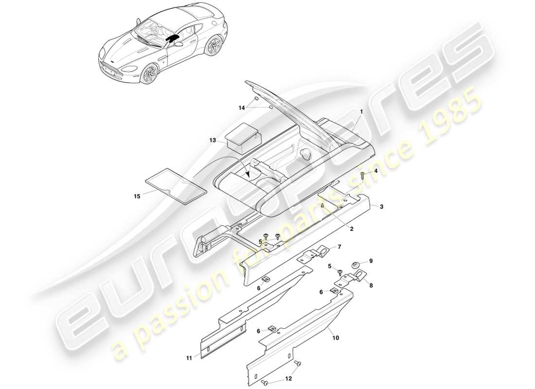aston martin v8 vantage (2007) schema delle parti della console centrale con bracciolo
