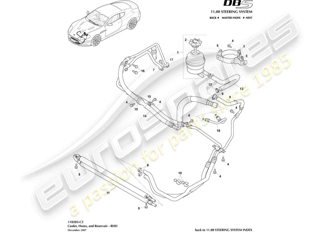 aston martin dbs (2013) schema delle parti del radiatore, dei tubi flessibili e del serbatoio con guida a destra