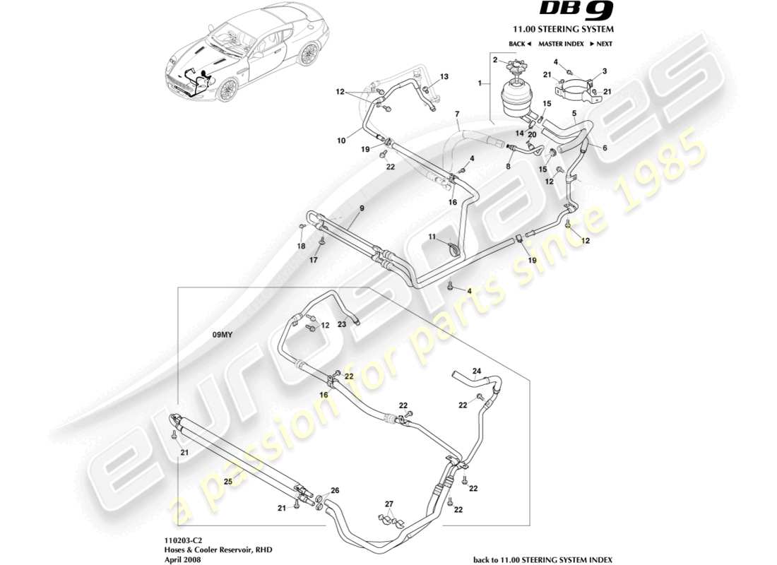 aston martin db9 (2010) schema delle parti del radiatore, dei tubi flessibili e del serbatoio con guida a destra