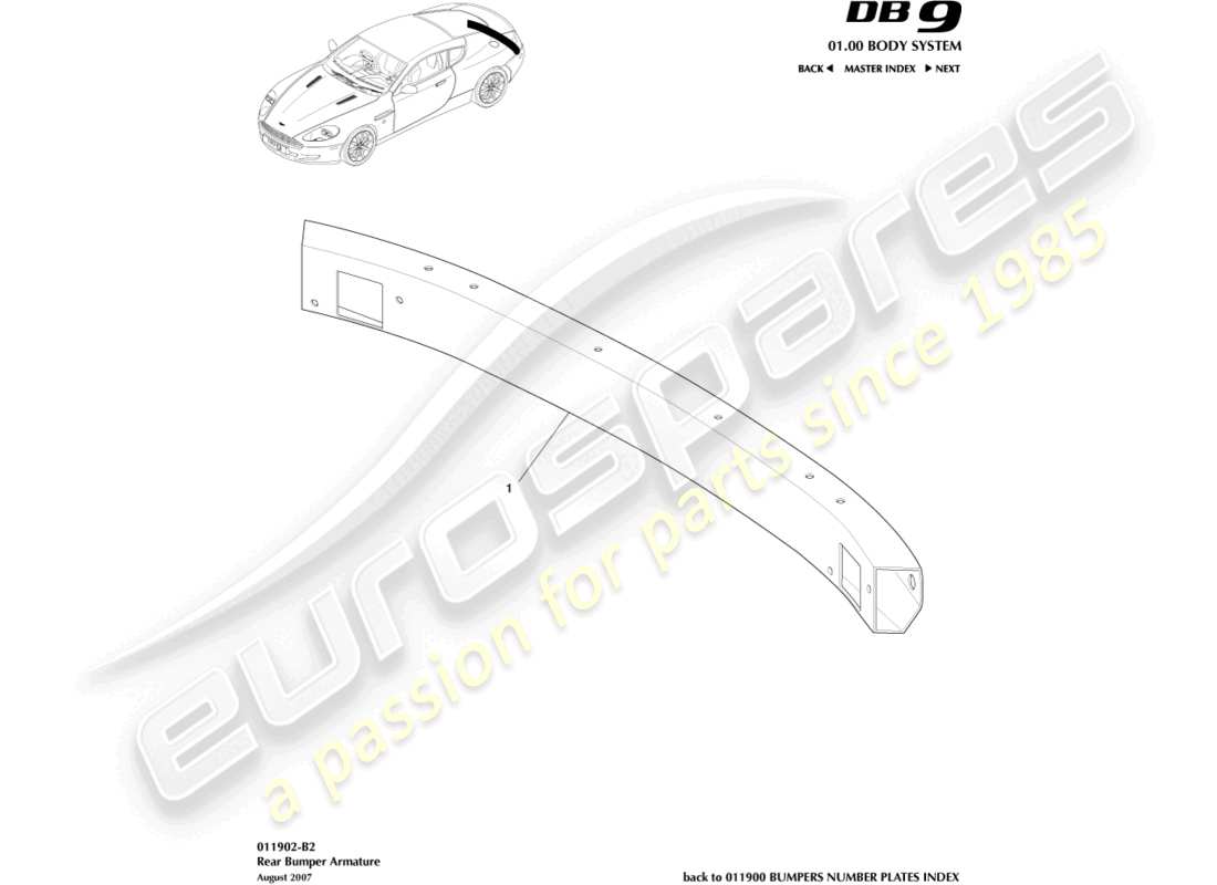 aston martin db9 (2005) armatura del paraurti posteriore diagramma delle parti