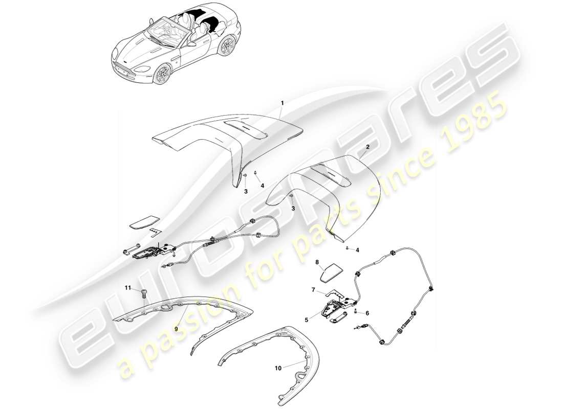 aston martin v8 vantage (2007) diagramma delle parti del rivestimento dell'apertura del tetto