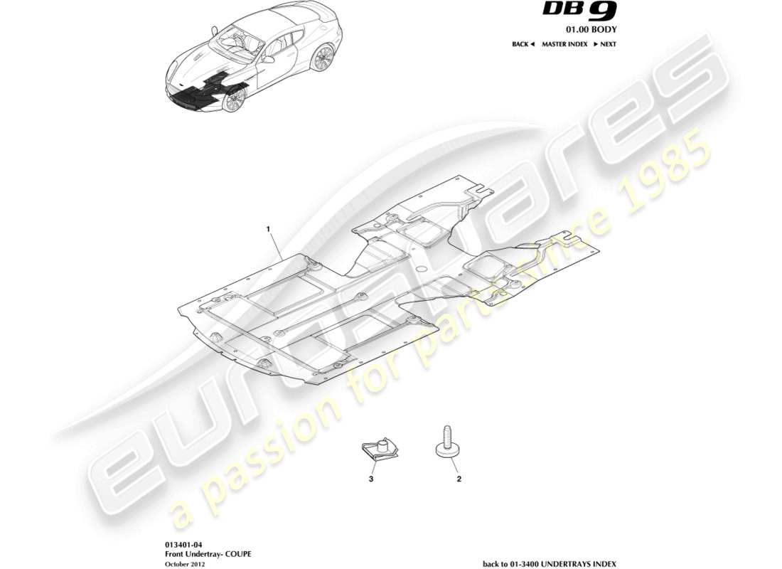 aston martin db9 (2016) sottoscocca anteriore, diagramma delle parti della coupé
