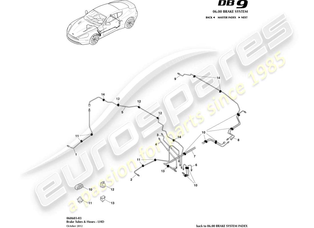 aston martin db9 (2013) tubi e tubi flessibili dei freni, guida a sinistra diagramma delle parti