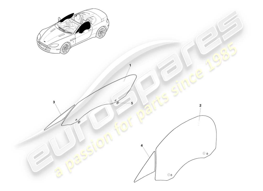 aston martin v8 vantage (2007) vetro della portiera, diagramma delle parti della roadster