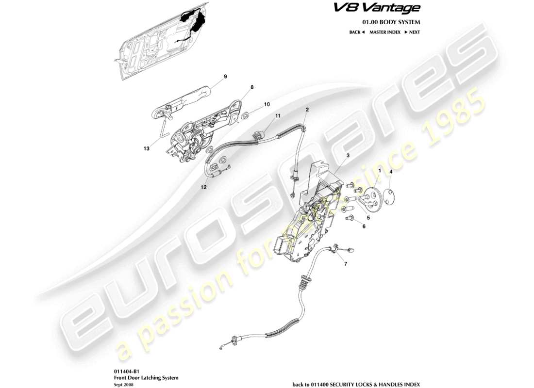 aston martin v8 vantage (2006) schema delle parti della serratura della porta anteriore