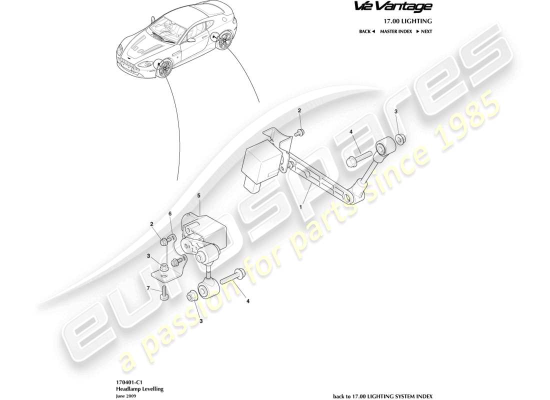 aston martin v12 vantage (2011) diagramma delle parti del livellamento dei fari
