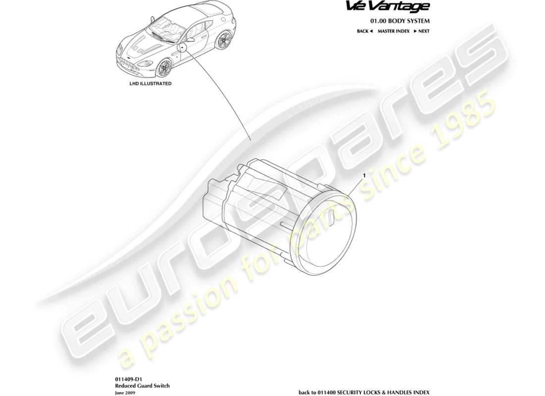 aston martin v12 vantage (2011) diagramma delle parti dell'interruttore di protezione ridotto