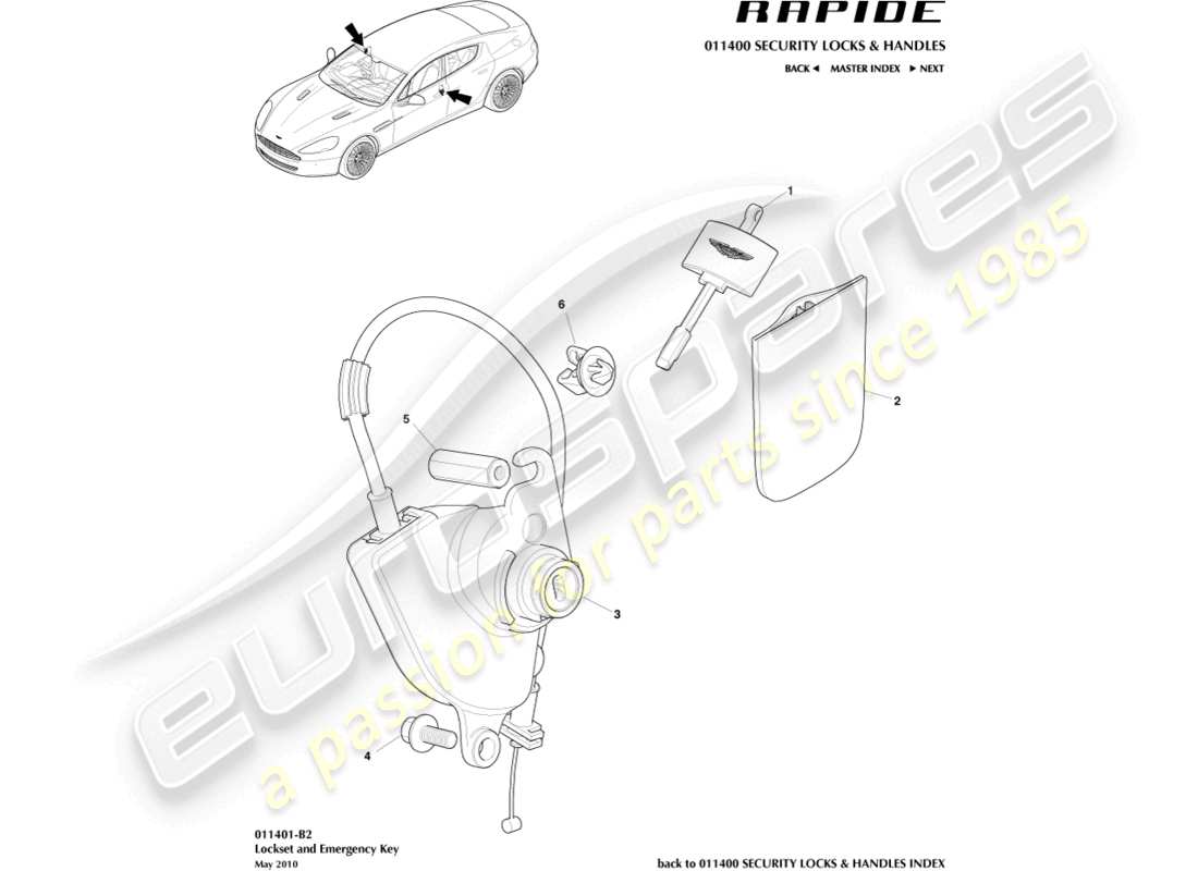 aston martin rapide (2012) schema delle parti del set di serrature e delle chiavi