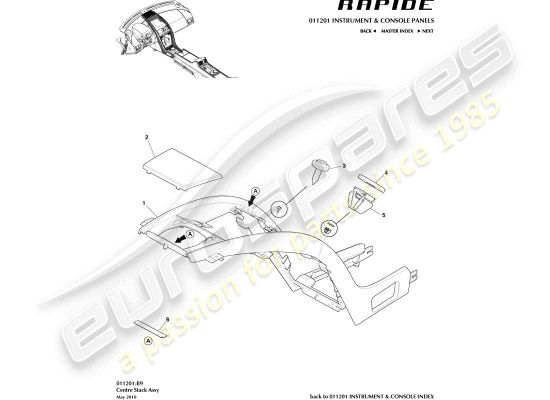aston martin rapide (2010) teilediagramm für die mittelkonsolenform