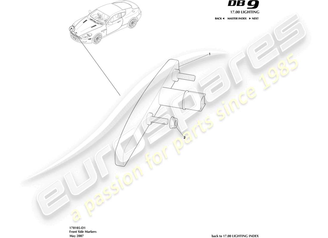 aston martin db9 (2007) diagramma delle parti degli indicatori laterali anteriori