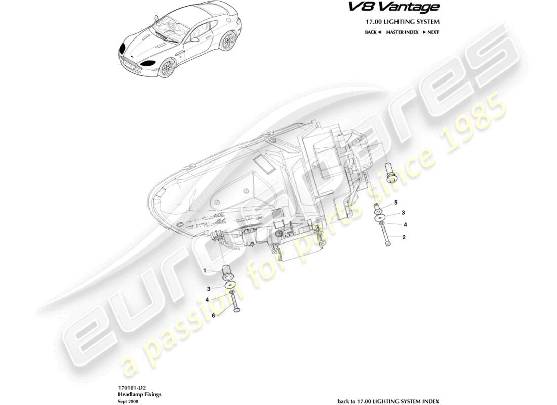 aston martin v8 vantage (2006) diagramma delle parti di fissaggio del faro