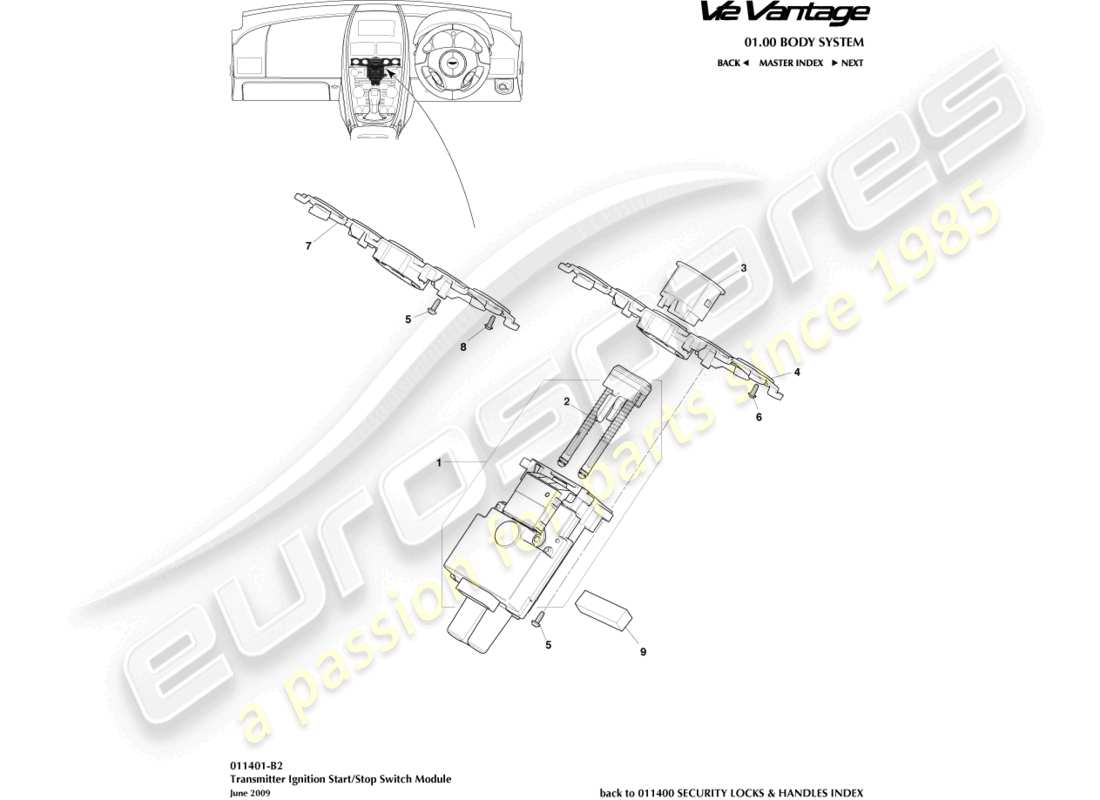 aston martin v12 vantage (2011) modulo di avvio/arresto, diagramma delle parti 09my