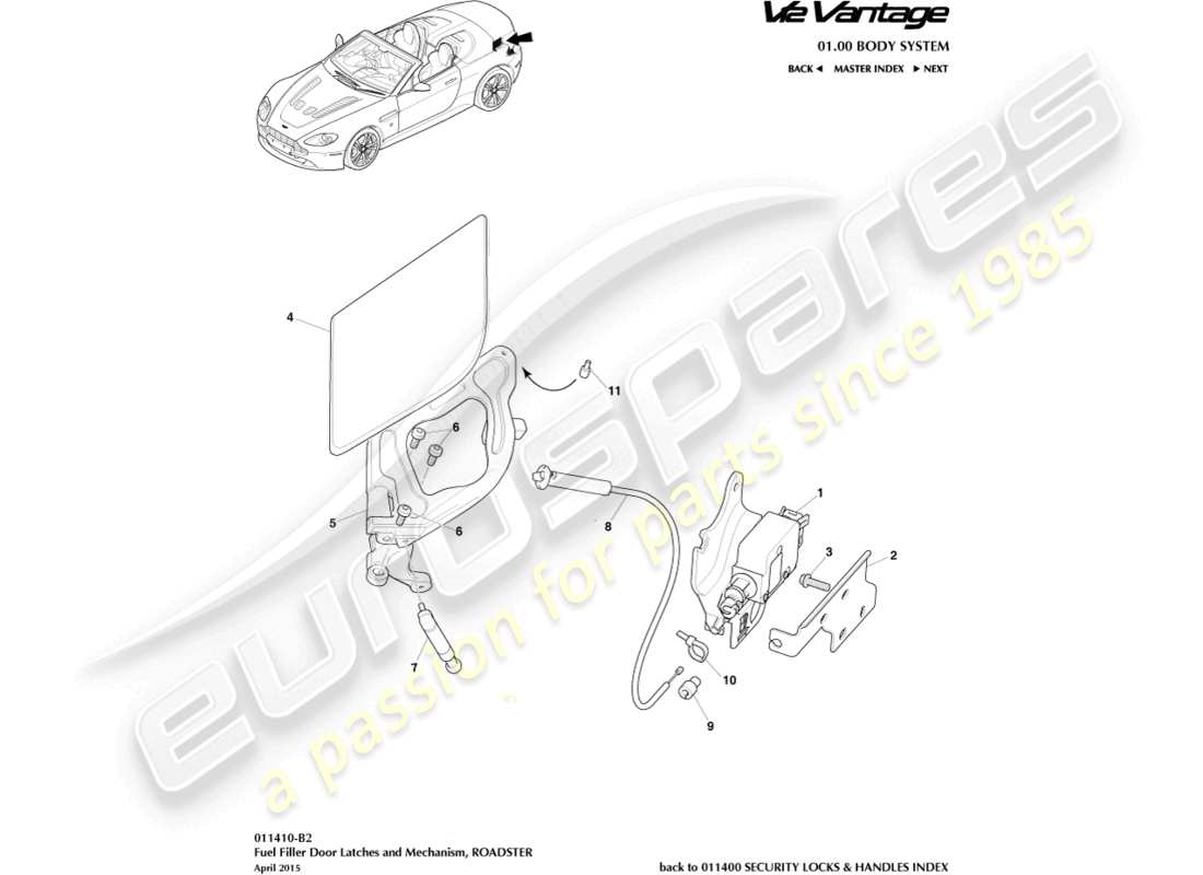 aston martin v12 vantage (2011) meccanismo di rifornimento del carburante, diagramma delle parti della roadster