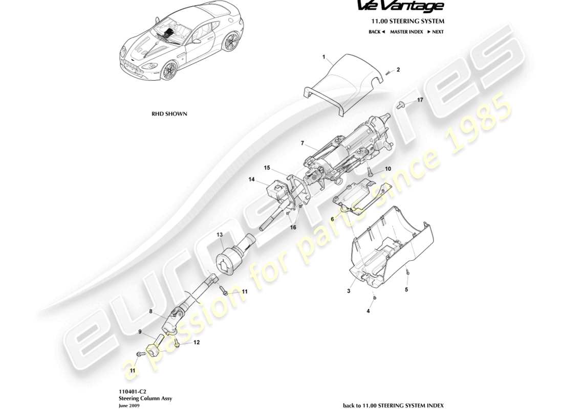 aston martin v12 vantage (2011) schema delle parti del gruppo piantone dello sterzo