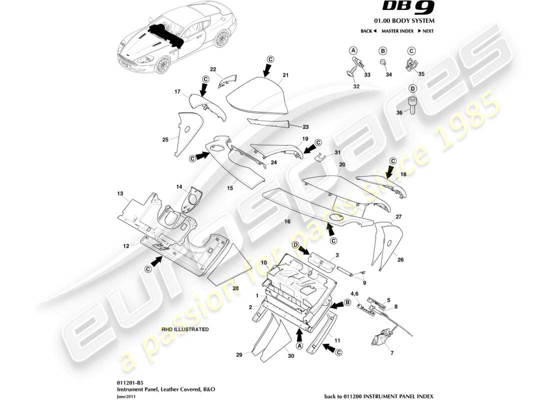 aston martin db9 (2008) pannello strumenti, pelle, diagramma delle parti b&o