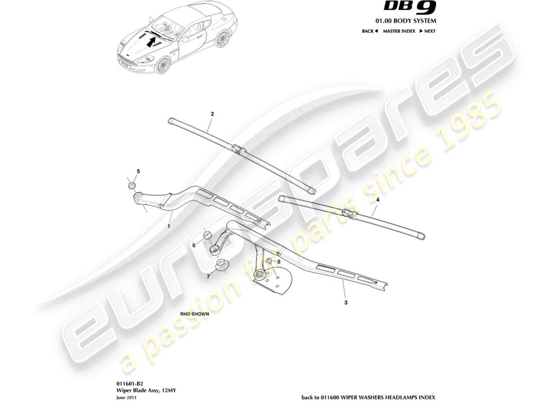 aston martin db9 (2007) gruppo spazzola tergicristallo, diagramma delle parti 12my