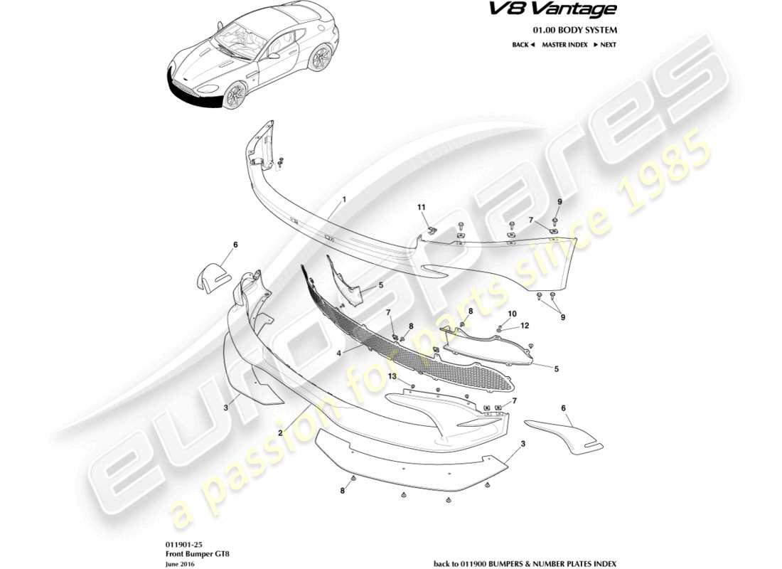 aston martin v8 vantage (2012) paraurti anteriore, diagramma delle parti gt8