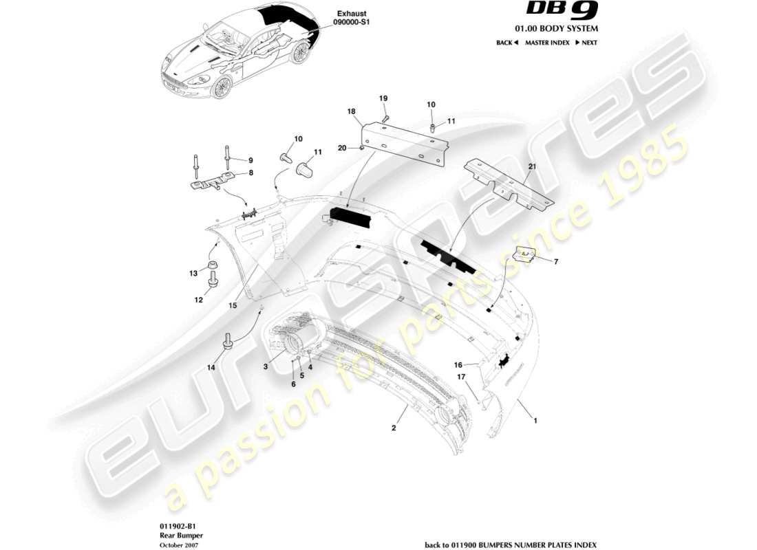 aston martin db9 (2007) paraurti posteriore diagramma delle parti
