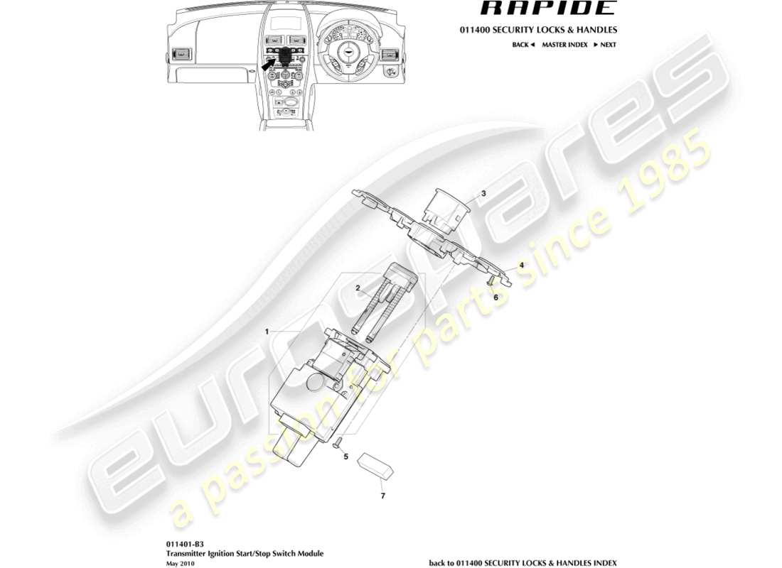 aston martin rapide (2012) diagramma delle parti del modulo di avvio/arresto