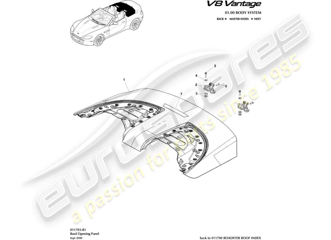 aston martin v8 vantage (2006) diagramma delle parti del pannello di apertura del tetto