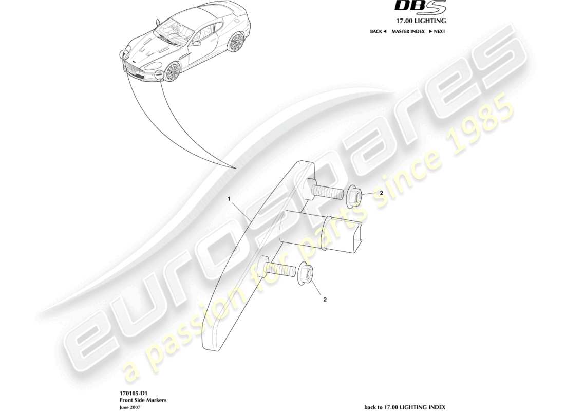 aston martin dbs (2008) indicatori del lato anteriore diagramma delle parti