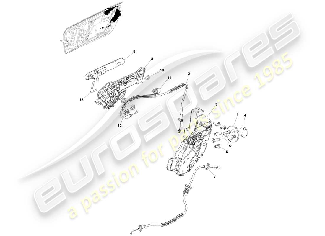 aston martin v8 vantage (2007) schema delle parti della serratura della porta anteriore