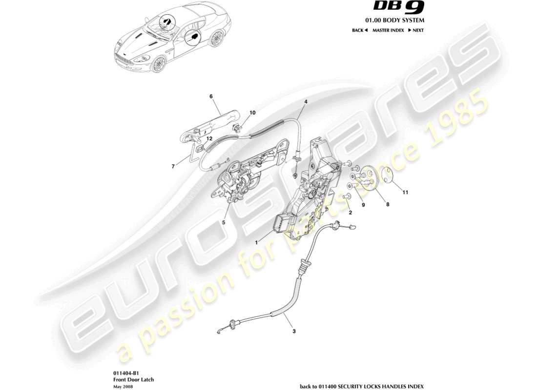 aston martin db9 (2005) schema delle parti della serratura della porta anteriore