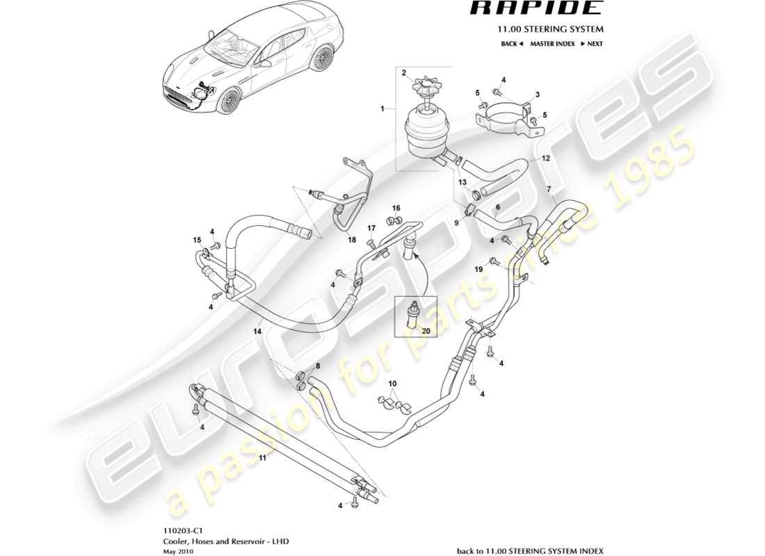 aston martin rapide (2010) tubi pas, guida a sinistra diagramma delle parti