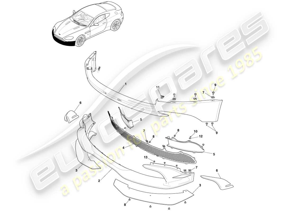 aston martin v8 vantage (2005) paraurti anteriore, diagramma delle parti gt8