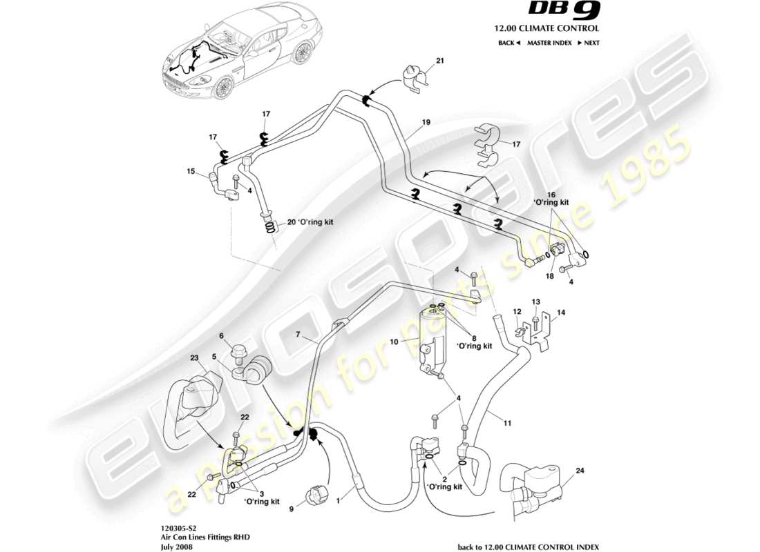 aston martin db9 (2004) linea di aria condizionata, guida a destra diagramma delle parti