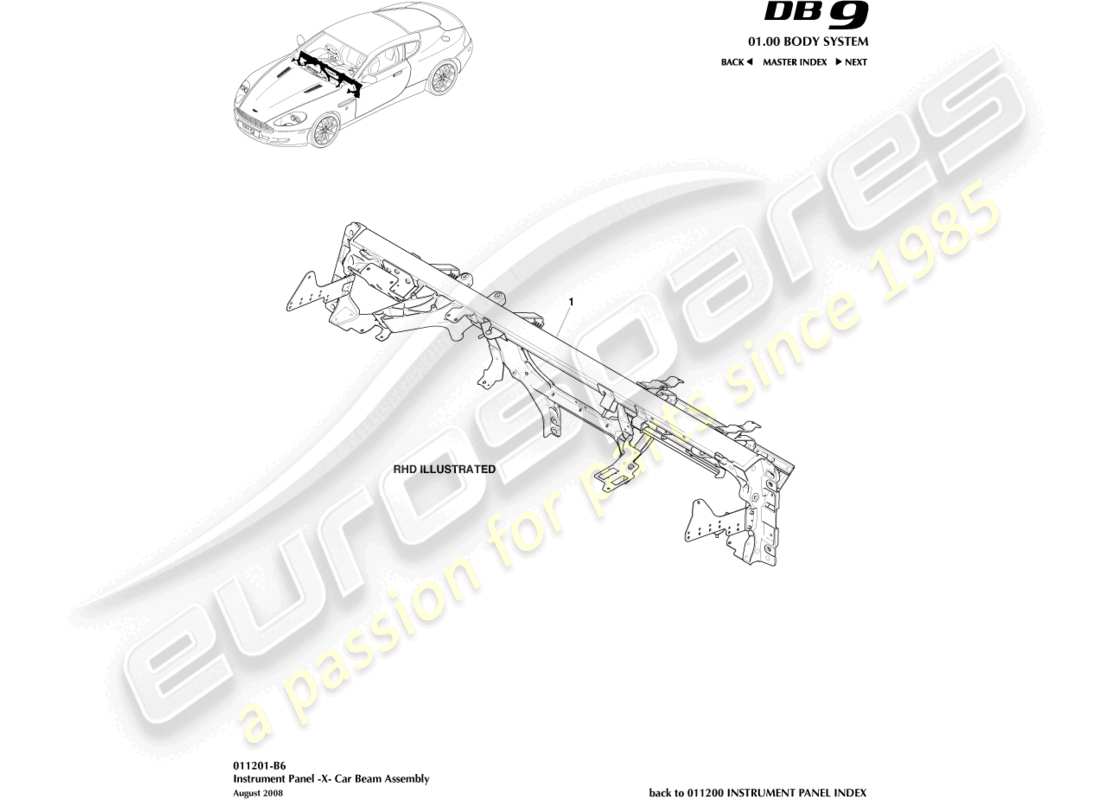 aston martin db9 (2005) diagramma delle parti della trave trasversale ip