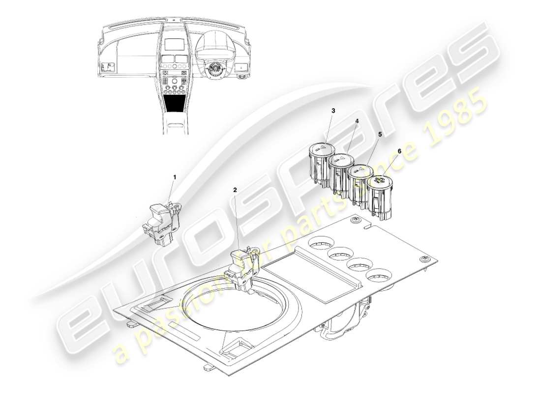 aston martin v8 vantage (2005) interruttori console, coupé, diagramma delle parti con guida a destra