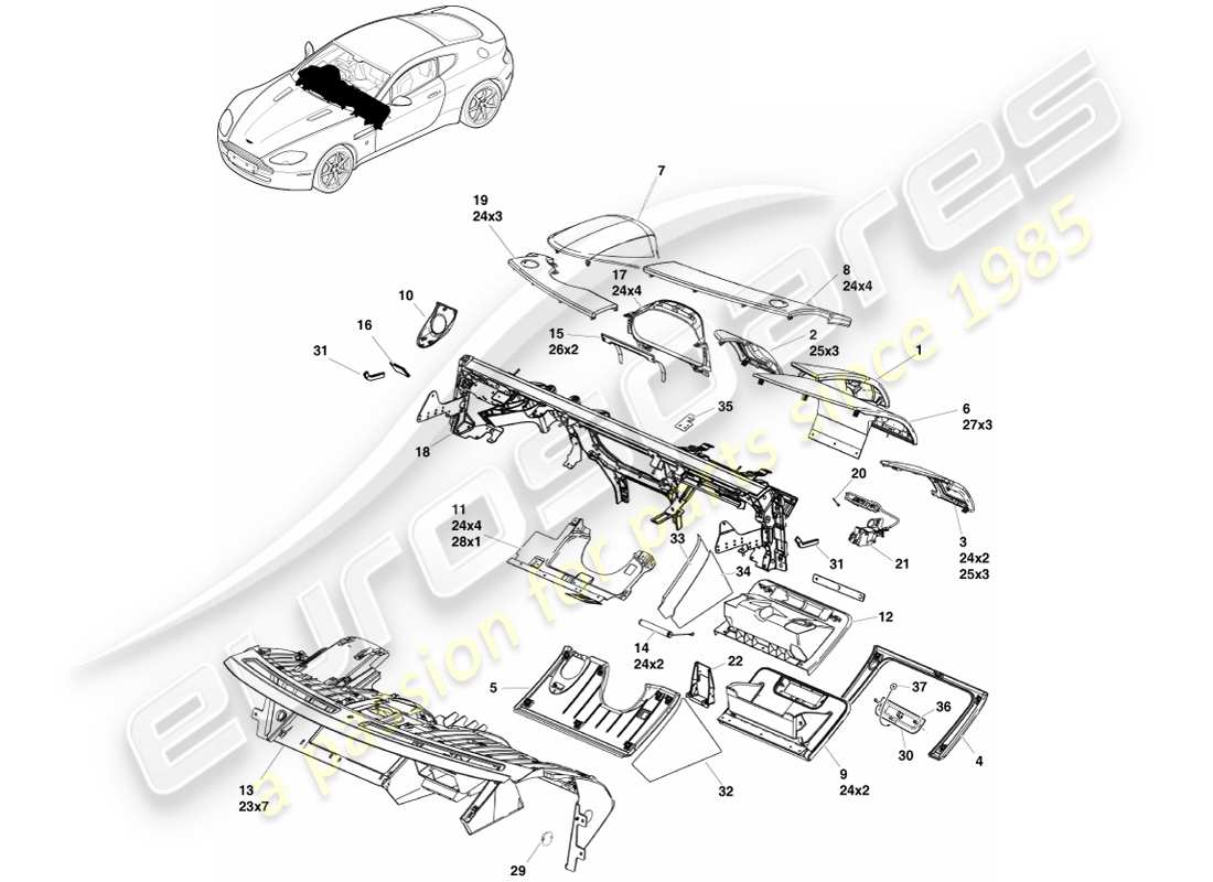 aston martin v8 vantage (2005) pannello strumenti, diagramma delle parti rhd