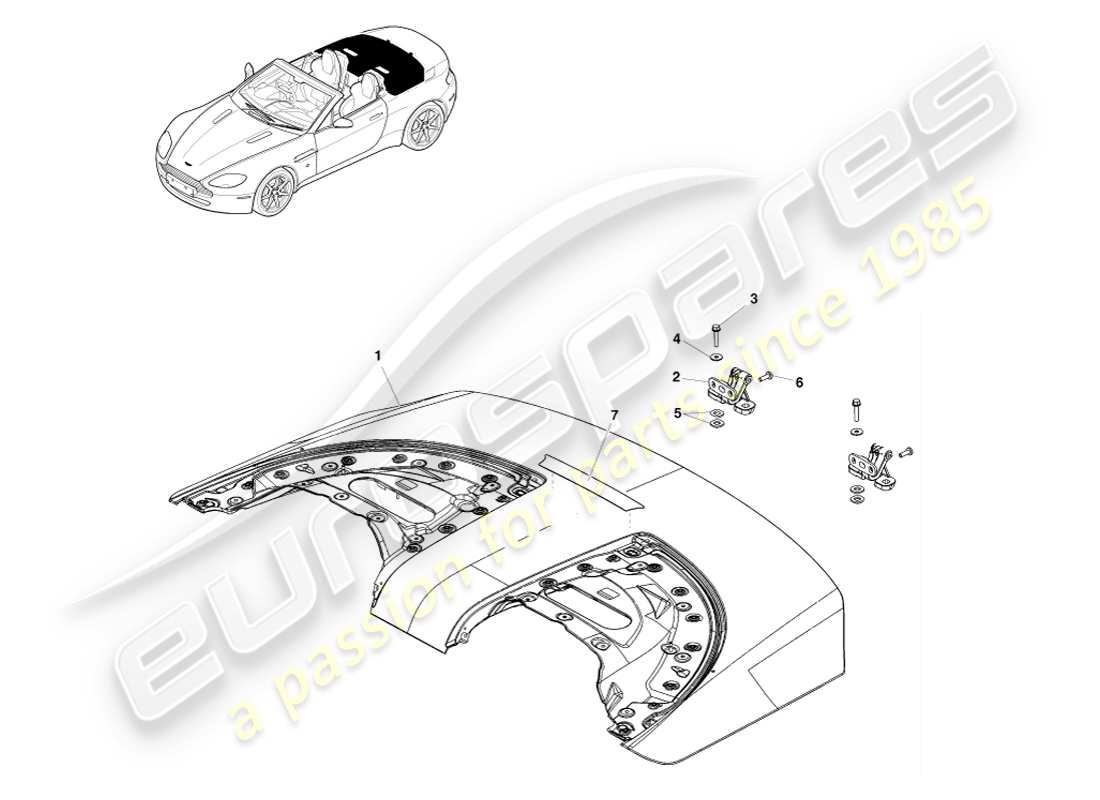 aston martin v8 vantage (2005) diagramma delle parti del pannello di apertura del tetto