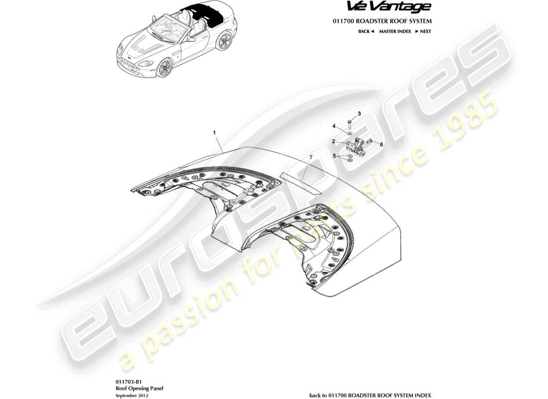 aston martin v12 vantage (2010) diagramma delle parti del pannello di apertura del tetto