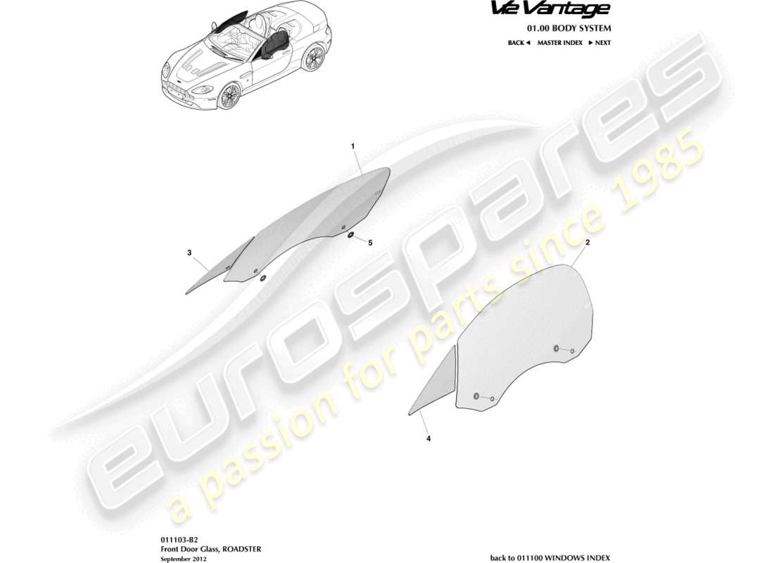 aston martin v12 vantage (2010) vetro della portiera, diagramma delle parti della roadster