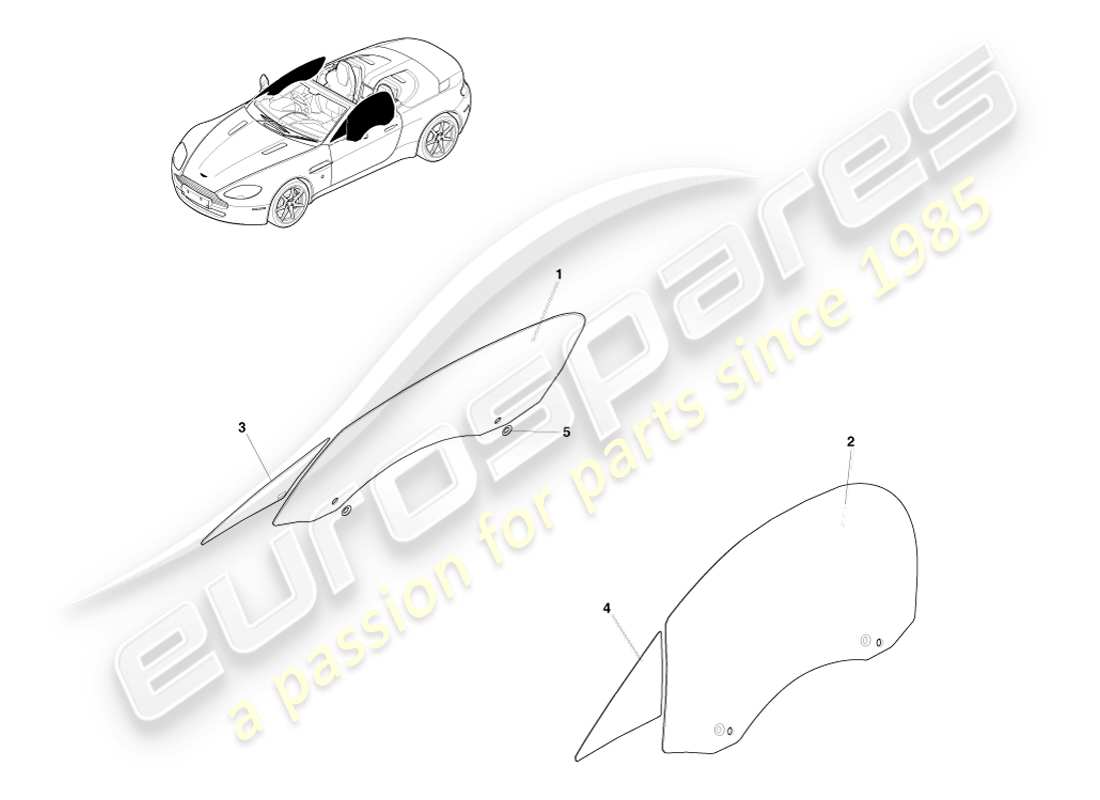 aston martin v8 vantage (2005) vetro della portiera, diagramma delle parti della roadster